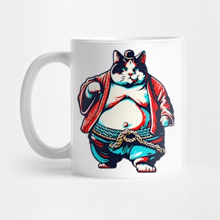 Retro Sumo Cat Humor: Vintage-Styled Feline Warrior Tee Mug